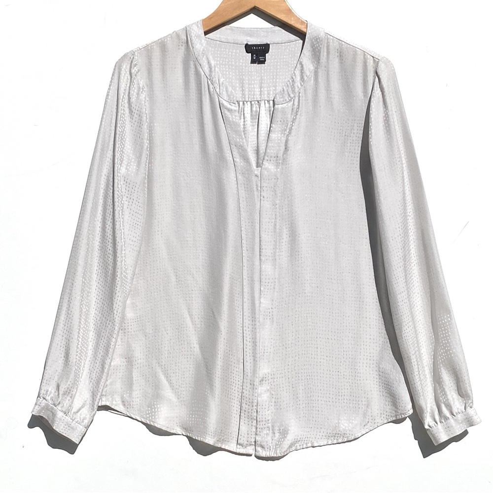 THEORY Women’s Silk Gray/Silver Patterned Jacquard Long Sleeve Blouse Size Med